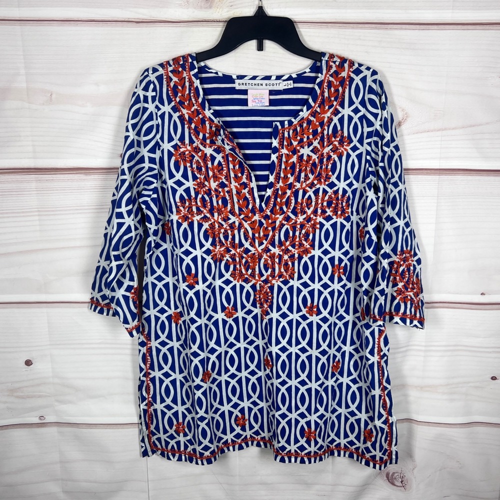 Gretchen Scott Embroidered Tunic Top Women L Blue Geometric 3/4 Sleeve Cotton